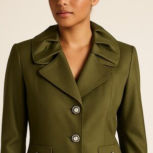Olive Green Church Skirt Suit Set– Elegant 2-Piece Satin with Rhinestone Buttons